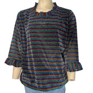 The Tiny Tassel Rainbow Shimmer Striped Ruffle Sleeve and Collar Top Size XL